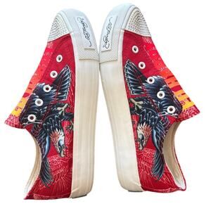 Y2K Ed Hardy Red Slip-On Low Top Sneakers Eagle Tattoo Rhinestone Toe Size 11